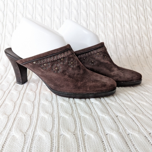 Cole Haan Leather Mules Slip On Heels Shoes 9 Brown Studded‎ Grommets - Picture 2 of 14